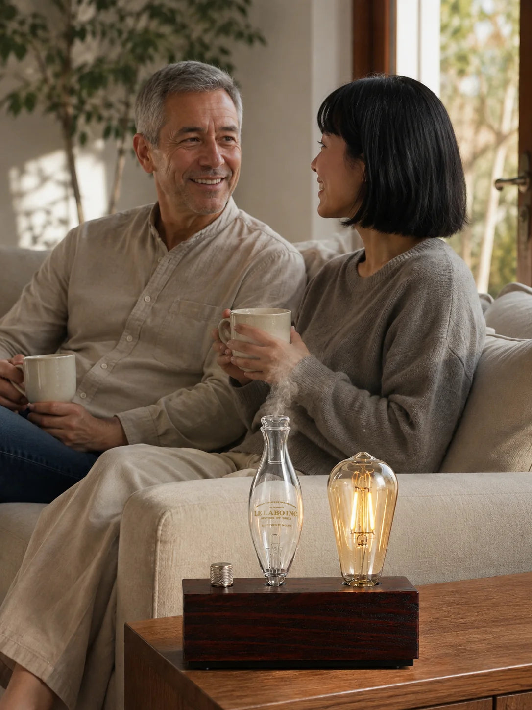 MISTRUNE Nightlight diffuser lifestyle scene: Coffee and a catch-up