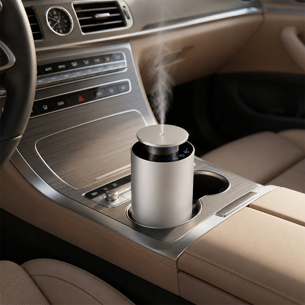 Silver Drive Diffuser standing in the cup holder of a beige car center console