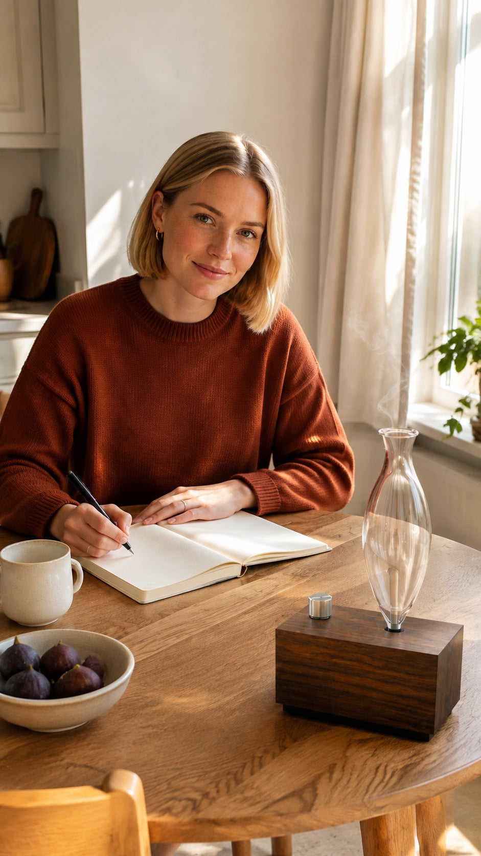 AI-created lifestyle illustration: Journaling at the breakfast table · AI-created scene