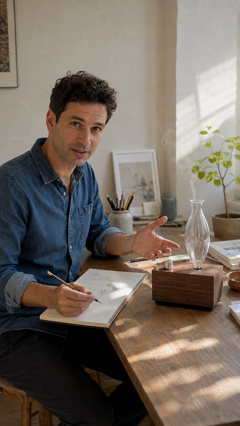 AI-created lifestyle illustration: A pause at the drawing table · AI-created scene