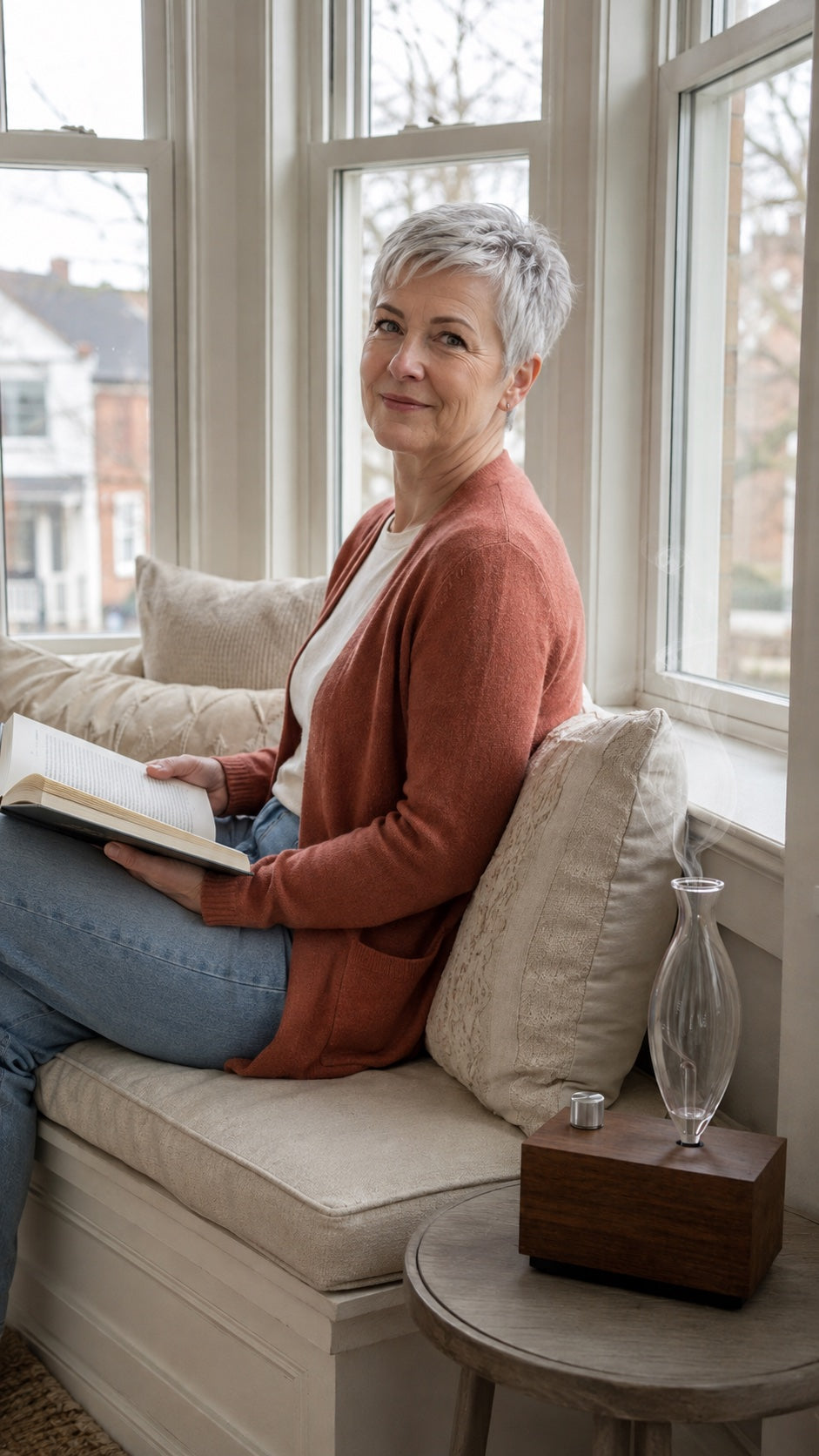 AI-created lifestyle illustration: A quiet window-seat moment · AI-created scene